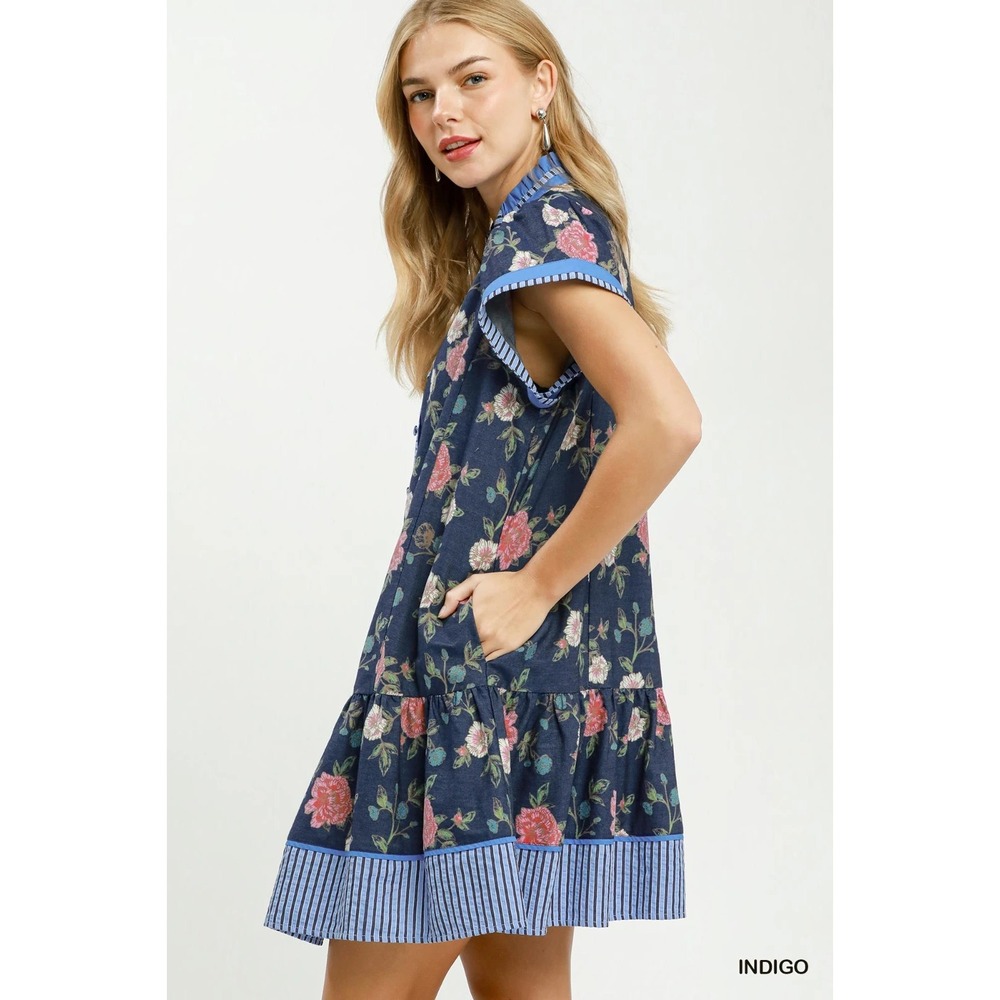 Umgee Floral Contrast Trim Ruffle Hem Mini Dress - Indigo - Medium - Picture 2 of 6